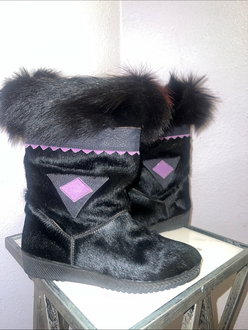 Tecnica Black Pony Fur Boots, Goat Fur Cuff, Purple Diamond. Made in ITALY